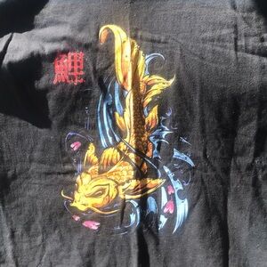 Black t-shirt with Asian writing and gold fish